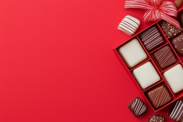 Assorted Gourmet Chocolates in Elegant Red Gift Box with Bow on Red Background
