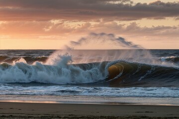 Dramatic Ocean Waves Colliding with Sandy Shore at Sunset