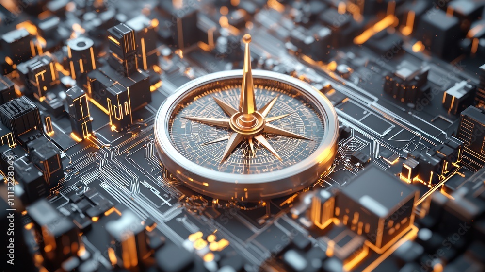 Poster a futuristic compass embedded in a circuit board, symbolizing navigation through technology and digi