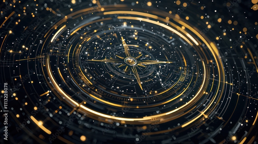 Aufkleber a mesmerizing golden compass design swirling in a dark background, featuring intricate patterns and 