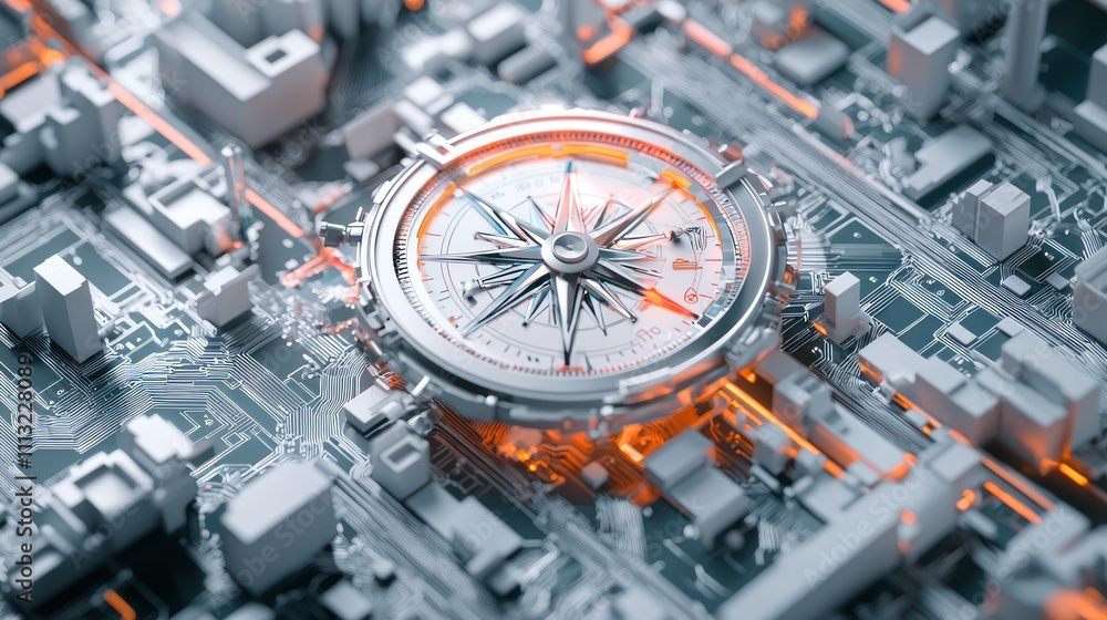 Poster a digital compass is placed on a circuit board, blending technology and navigation in a futuristic s