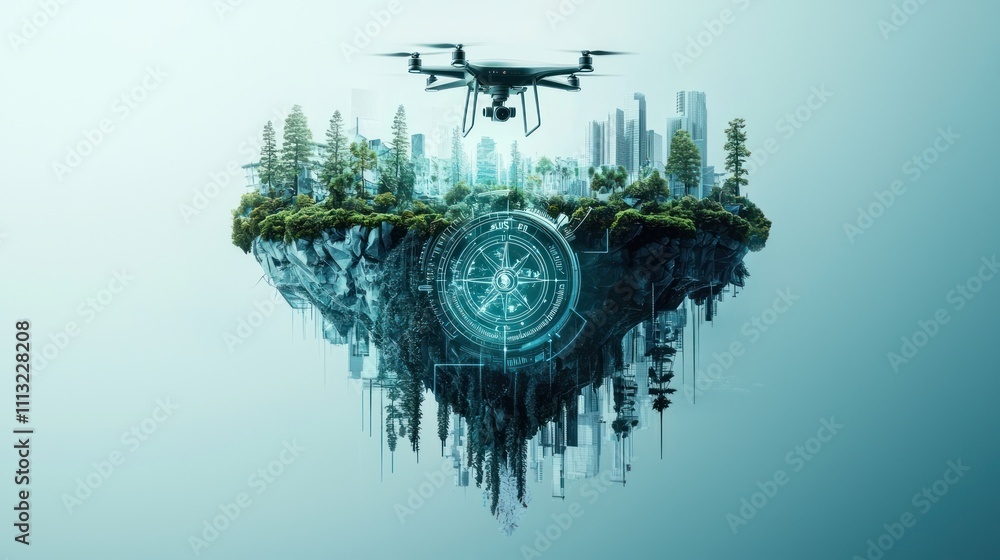 Poster a futuristic scene depicting a drone hovering above a floating island of greenery and urban structur