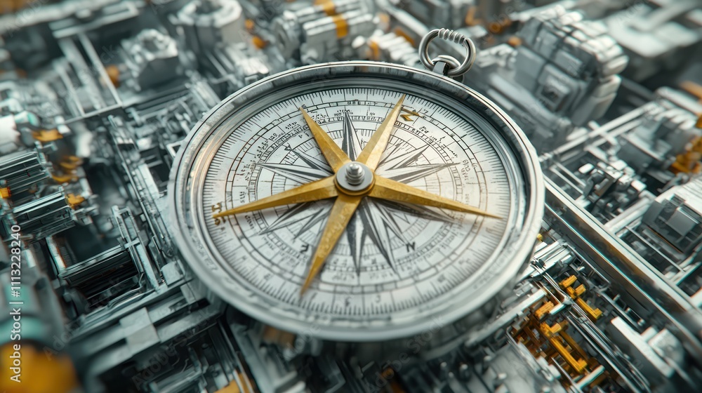 Poster a detailed compass rests atop a complex, futuristic cityscape, symbolizing navigation and exploratio