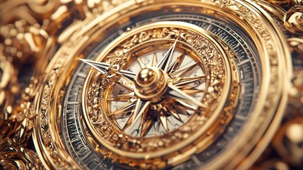 Fototapeta premium A close-up view of an ornate golden compass, showcasing intricate details and a shiny surface, symbolizing navigation and adventure.