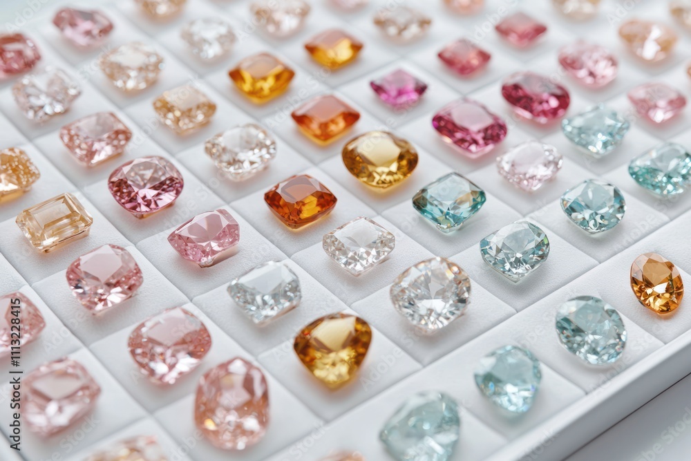 Poster a vibrant array of colorful gemstones displayed neatly in a white tray, showcasing their unique shap