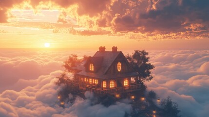 A house is floating in the sky with a sunset in the background