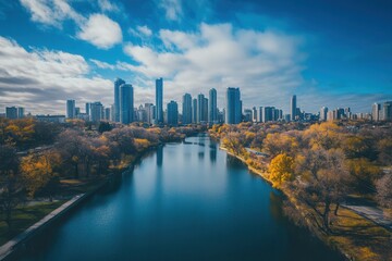 Fototapeta premium City skyline reflected in calm autumnal river.
