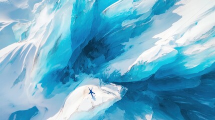 Fototapeta premium Aerial view of person in icy blue glacier crevasse.