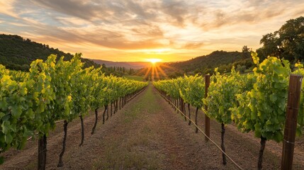 Fototapeta premium A picturesque vineyard with rows of grapevines stretching towards a sunset-lit horizon, Vineyard scene, Scenic and idyllic style