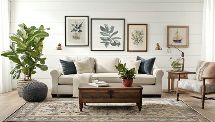 Obraz premium A cozy living room blends vintage and modern with a sleek sofa, antique chair, layered rugs, art wall, greenery, and mixed lighting 3. Generative AI