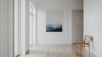 Fototapeta premium Minimal Hallway with White Walls Wooden Floors and Abstract Painting