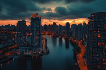 Obraz premium Dramatic sunset cityscape with river and illuminated skyscrapers.