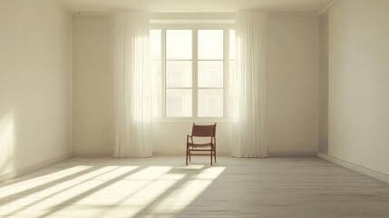 Obraz premium Empty Minimalist Living Room with White Chairs and Walls, Natural Light Properties