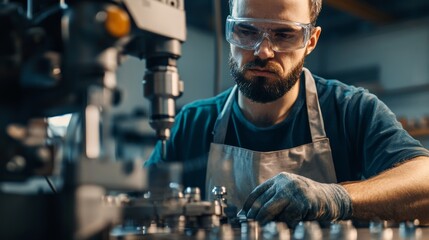 A precision machinist in a protective apron and goggles, operating a CNC machine with metal parts and precision tools, Precision machining scene