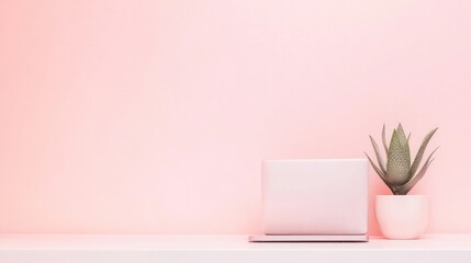 Minimalist Workspace Background with White Laptop Desk and Small Succulent Plants