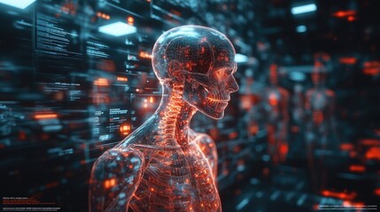 Fototapeta premium A digital representation of a human skeleton with glowing effects in a futuristic environment.