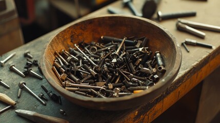 Fototapeta premium Vintage Wooden Bowl Filled with Assorted Metal Screws and Bolts
