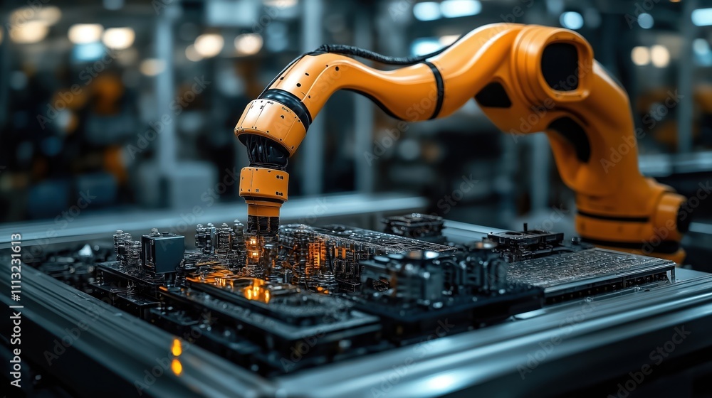 Poster orange tech arm expertly handles intricate circuit board. precise movements show automation power in