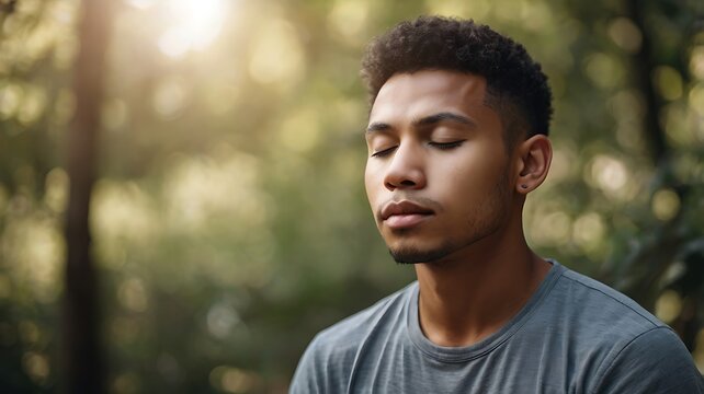 Relaxed young man with eyes closed, meditating or taking a deep breath.