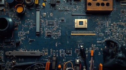 Fototapeta premium Detailed Circuit Board Layout with Electronic Components and Tools