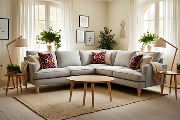 Obraz premium Light grey corner sofa in a bright living room with natural light, wooden coffee table, plants, and cushions.