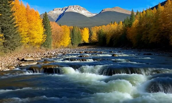 A vibrant autumn river scene