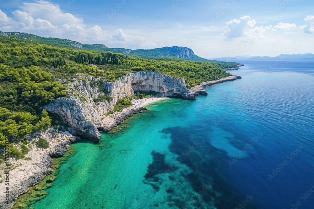 Wall mural Secluded cove with turquoise water and lush greenery.