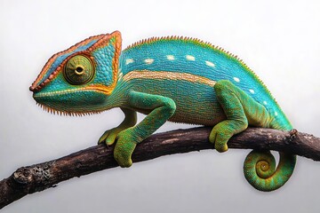 Obraz premium realistic chameleon perched on branch close-up hyper-realism soft lighting details texture reptile nature exotic