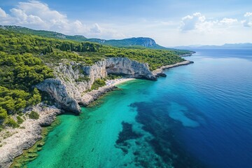Fototapeta premium Secluded cove with turquoise water and lush greenery.