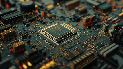 Fototapeta premium Close-Up View of a Complex Circuit Board with Microchip Detail