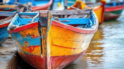 Obraz premium Colorful Fishing Boats Lined Up at a Vibrant Coastal Wharf
