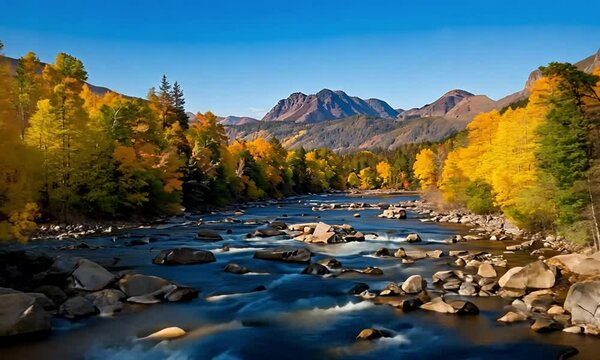 Autumn Trees Scene By Quiet River