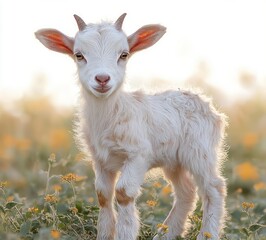Obraz premium Playful Baby Goat in Sunny Meadow with Vibrant Colors and Soft Natural Lighting