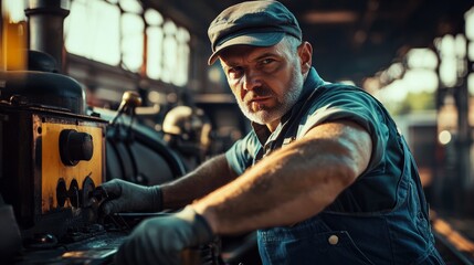 A railroad engineer in overalls and a conductor’s hat, adjusting a control lever with locomotives and rail tracks, Railway operation scene