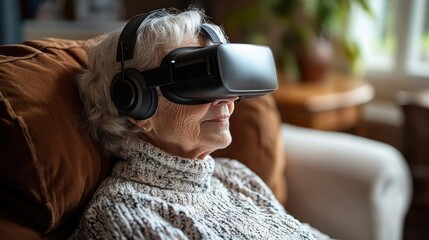 Senior woman relaxing on a sofa while exploring virtual reality with a headset, enjoying modern technology in a cozy home setting