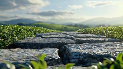 Naklejka premium Serene Stone Path in Lush Green Tea Plantation Landscape