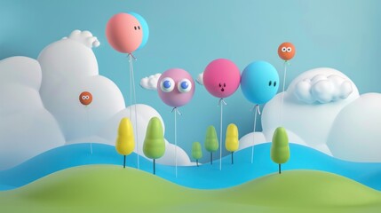 Colorful Balloons with Facial Expressions in a Cartoon Landscape