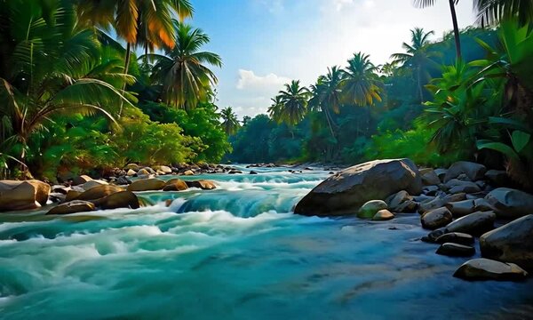 Bright Sunlight Over Exotic River Scene