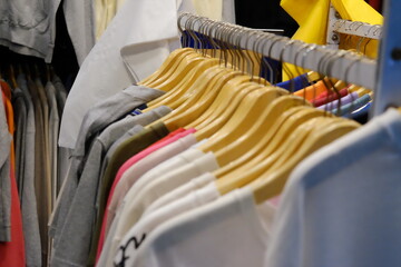 Thrifting's vibrant collection of sweaters, shirts, hoodies, trousers and knitted t-shirts are elegantly displayed on wooden hangers, featuring a variety of colors and textures.