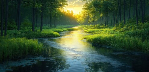 Obraz premium Winding River in Summer Lush Green Meadow Under Soft Morning Light
