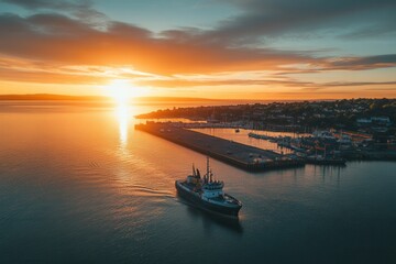 Fototapeta premium Sunrise over harbor with ship.
