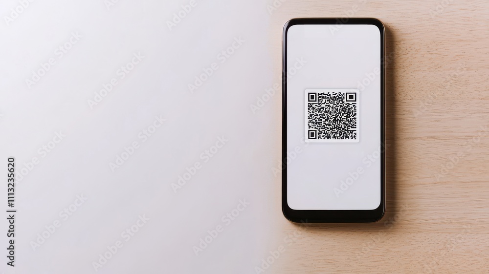 Poster mobile payment integration concept. a smartphone displaying a qr code on a wooden surface.