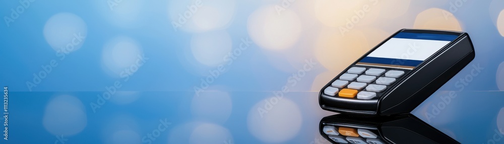 Poster mobile payment integration concept. a mobile phone resting on a reflective surface with a blurred bl
