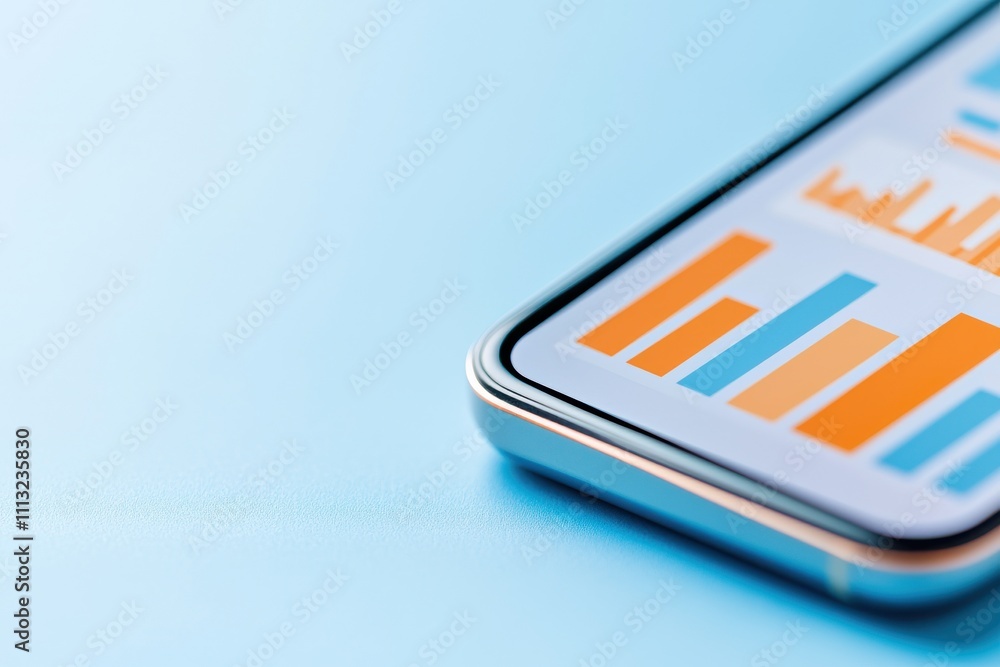 Poster mobile payment integration concept. smartphone displaying colorful bar graphs on a blue background.