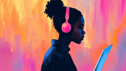 Young woman wearing headphones working on laptop with colorful background - Powered by Adobe