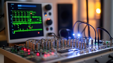 Electronic Circuit Board with Oscilloscope Display and Lights