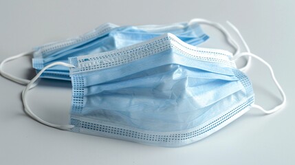 Close up view of disposable medical masks made of blue material designed for protection against COVID 19 and other infectious diseases