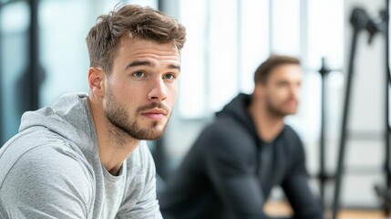 Fototapeta premium sports science recovery technology concept, A young man in casual athletic wear looks contemplative while seated in a gym environment, with another man blurred in the background.