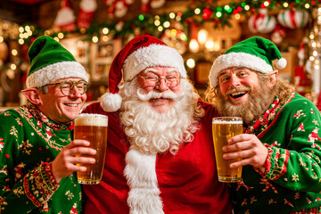 Santa Claus and two elves drinking beer in a pub, Christmas holiday cheer