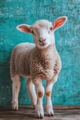 Obraz premium Adorable young lamb standing on a wooden surface. AI.